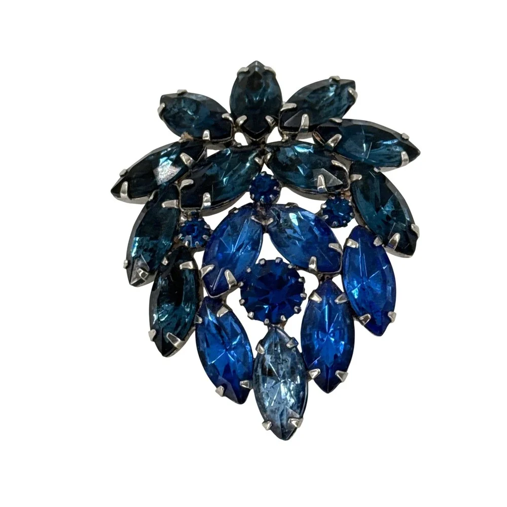 Juliana Blue Rhinestone Brooch Silver Tone Marquise Cobalt Cluster‎ Pin Dripping